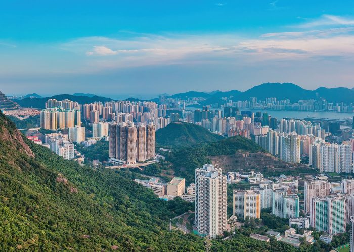 Birds eye view of the city skyline of Hong Kong
