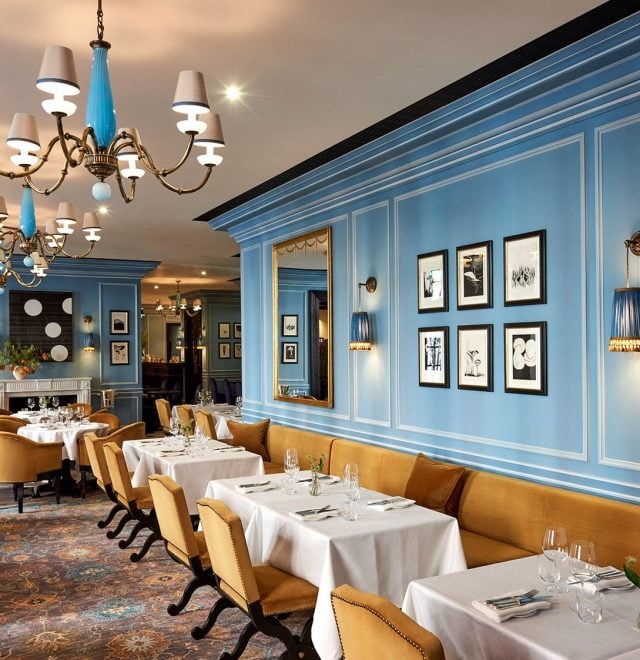 Blue and yellow interior decor interior of restaurant The Twenty Two.